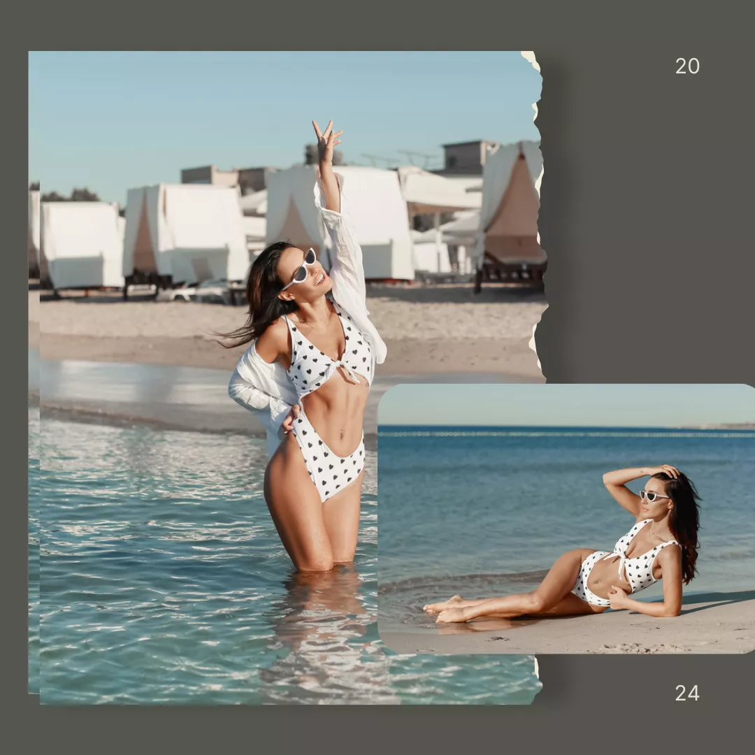 Woman in a polka dot swimsuit posing on the beach — processed by the undress AI tool.